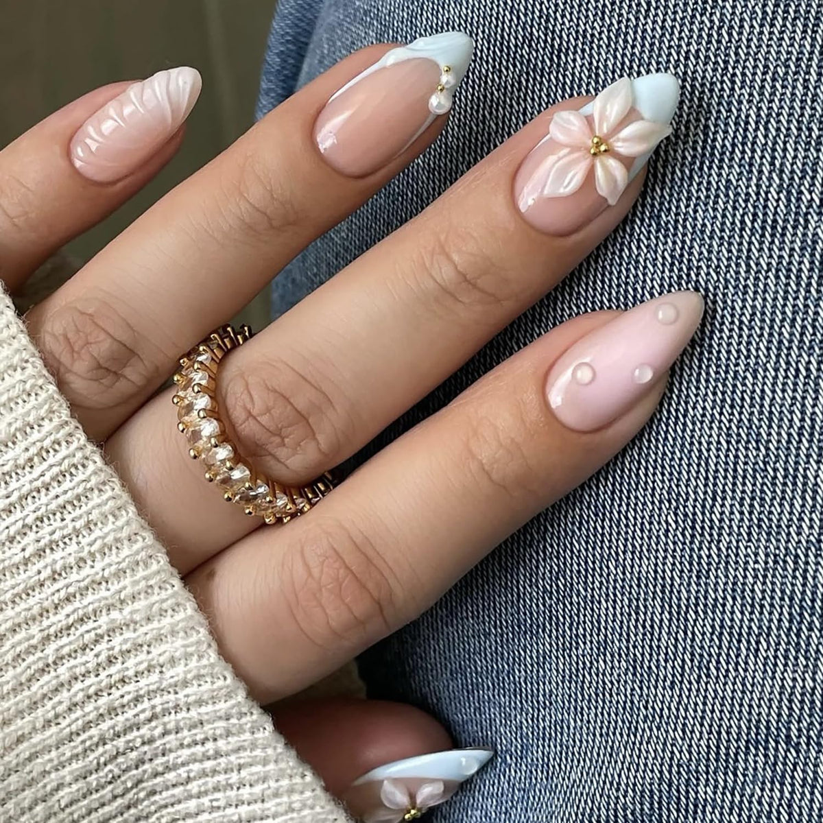 Spring Press On Nails French Fake Nails Medium Almond False Nails With Flower Pearl Designs Acrylic Nail Press Ons Full Cover Glue On Nails Glossy Stick On Nails For Women Manicure 24Pcs