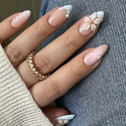 Spring Press On Nails French Fake Nails Medium Almond False Nails With Flower Pearl Designs Acrylic Nail Press Ons Full Cover Glue On Nails Glossy Stick On Nails For Women Manicure 24Pcs