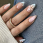 Spring Press On Nails French Fake Nails Medium Almond False Nails With Flower Pearl Designs Acrylic Nail Press Ons Full Cover Glue On Nails Glossy Stick On Nails For Women Manicure 24Pcs