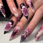 Long Press on Nails Almond Fake Nails Purple French Artificial Nail with 3D Flowers Designs Glitter Summer and Fall Cute Stick on Nail for Women 24pcs