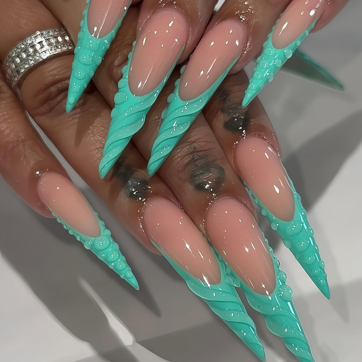 Long Press on Nails Almond Fake Nails Purple French Artificial Nail with 3D Flowers Designs Glitter Summer and Fall Cute Stick on Nail for Women 24pcs