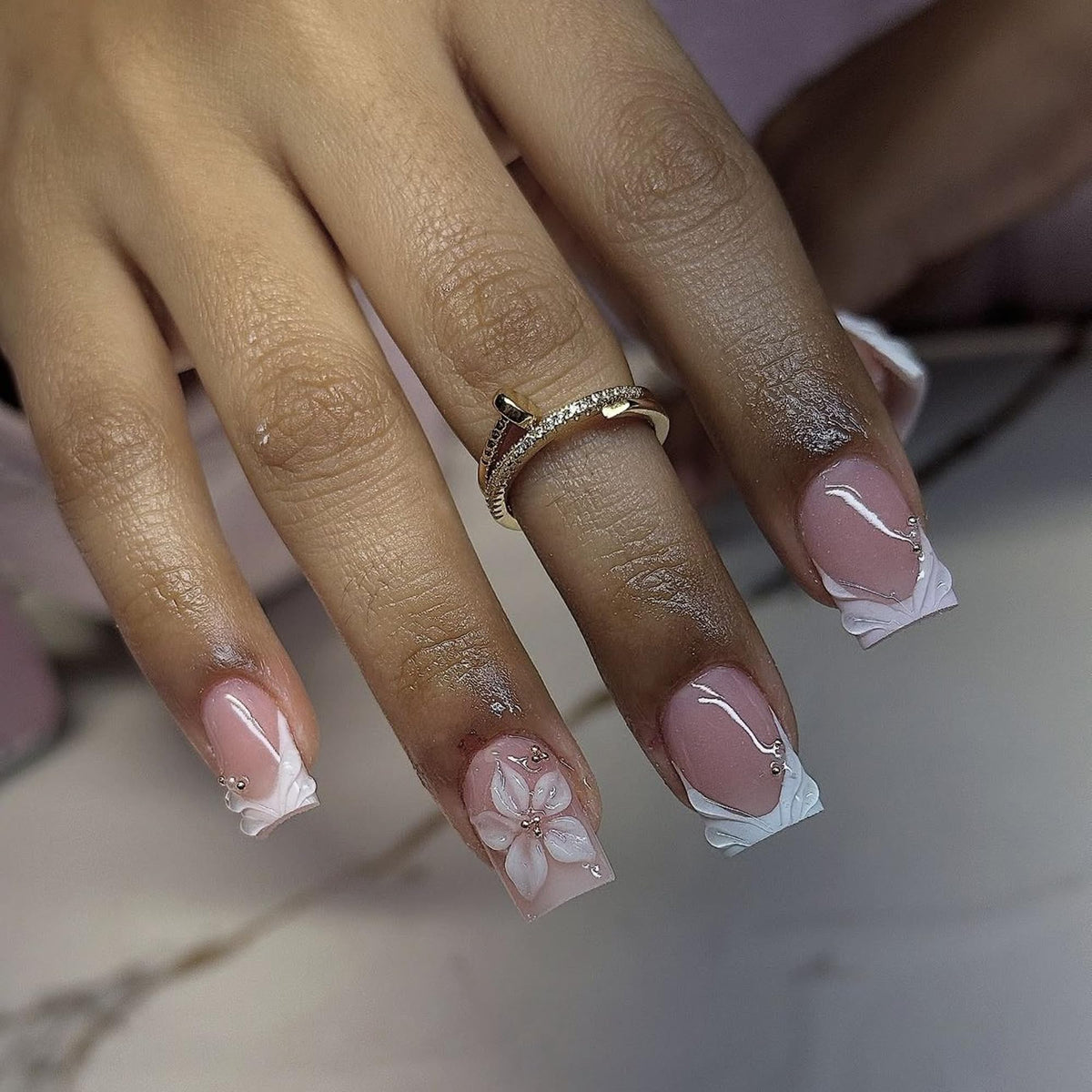 Fall Press on Nails Medium Almond French Tip, 30 Pcs Handmade 3D Flowers Gold Lines Embossed Designs, Glossy Nude Fake Nails, Reusable Glue On Nails, Full Cover Acrylic Nails for Women Brown