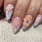 Fall Press on Nails Medium Almond French Tip, 30 Pcs Handmade 3D Flowers Gold Lines Embossed Designs, Glossy Nude Fake Nails, Reusable Glue On Nails, Full Cover Acrylic Nails for Women Brown