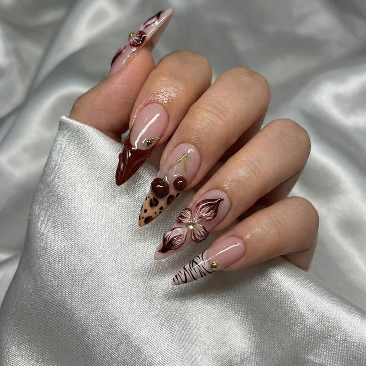 Long Press on Nails Almond Fake Nails Purple French Artificial Nail with 3D Flowers Designs Glitter Summer and Fall Cute Stick on Nail for Women 24pcs