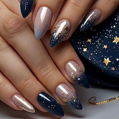 Fall Short Press On Nails Almond, Nude Fake Nails accented with golden glitter and Graceful White Floral Petal Design, Glossy Gel Finish Acrylic Nails, Natural Reusable Glue On Nails for Women
