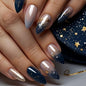 Fall Short Press On Nails Almond, Nude Fake Nails accented with golden glitter and Graceful White Floral Petal Design, Glossy Gel Finish Acrylic Nails, Natural Reusable Glue On Nails for Women