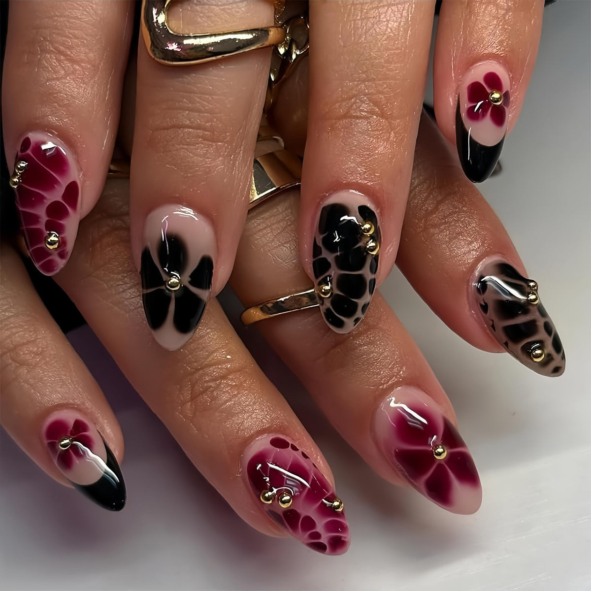 Fall Short Press On Nails Almond, Nude Fake Nails accented with golden glitter and Graceful White Floral Petal Design, Glossy Gel Finish Acrylic Nails, Natural Reusable Glue On Nails for Women