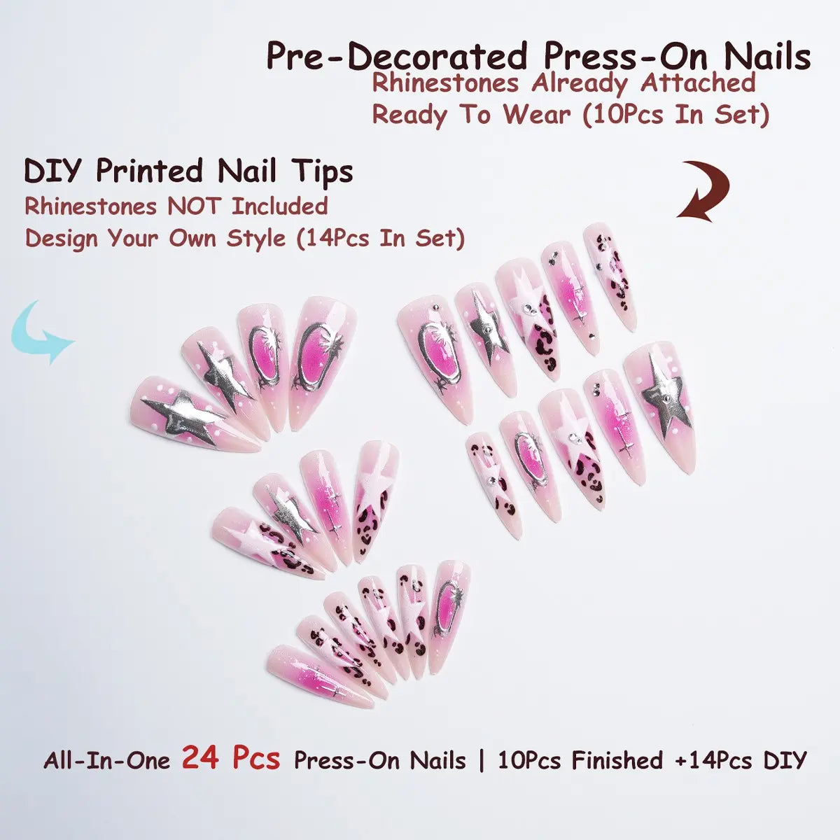 24 Pcs Y2K Gradient Stiletto Press on Nails, Star & Leopard Print, Silver Color Rhinestone Charms, False Nails for Party, Removable False Nails