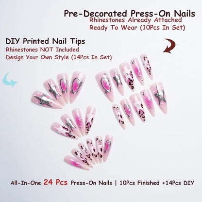 24 Pcs Y2K Gradient Stiletto Press on Nails, Star & Leopard Print, Silver Color Rhinestone Charms, False Nails for Party, Removable False Nails