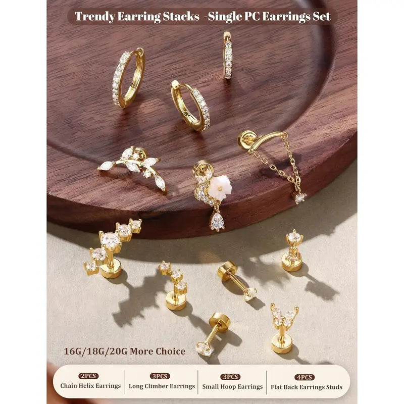 Trendy 12 pairs Hypoallergenic Cartilage Earrings for Women,Flat Back Earring Stacks,Stainless Surgical Steel,Sensitive Ears,Flatback Stud,Hoop,Earring Set,Tragus Conch Daith Helix Piercing Jewelry