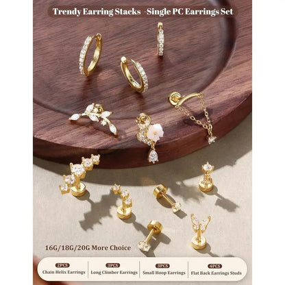 Trendy 12 pairs Hypoallergenic Cartilage Earrings for Women,Flat Back Earring Stacks,Stainless Surgical Steel,Sensitive Ears,Flatback Stud,Hoop,Earring Set,Tragus Conch Daith Helix Piercing Jewelry