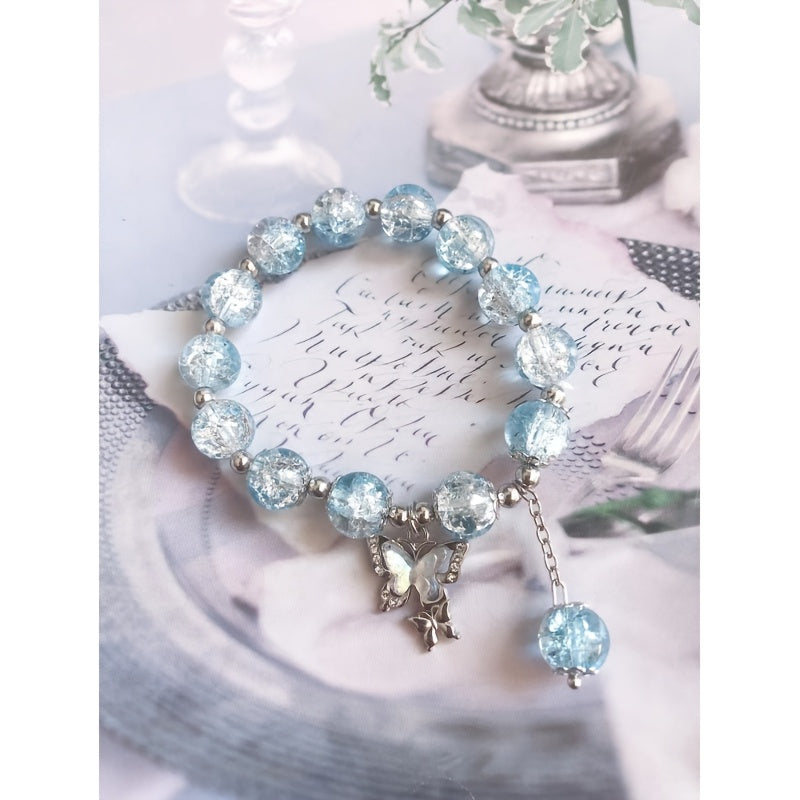 1pc Fashionable Elegant Exquisite Girly Style Double Butterfly Glass Bead Bracelet, Suitable for Spring Summer Wear And Gift