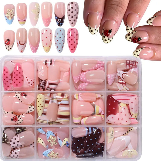 300pcs Long Almond French Press-On Decorative Nails, Polka Dot, Striped, Ladybug Design, Acrylic Set, Summer Nail Art, 12 Mixed Styles
