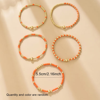 5pcs Retro Bohemian Style Versatile, Easy And Random CCB Glass Bead Elastic Layered Bracelet Set Suitable for Women'S Daily Vacation Matching