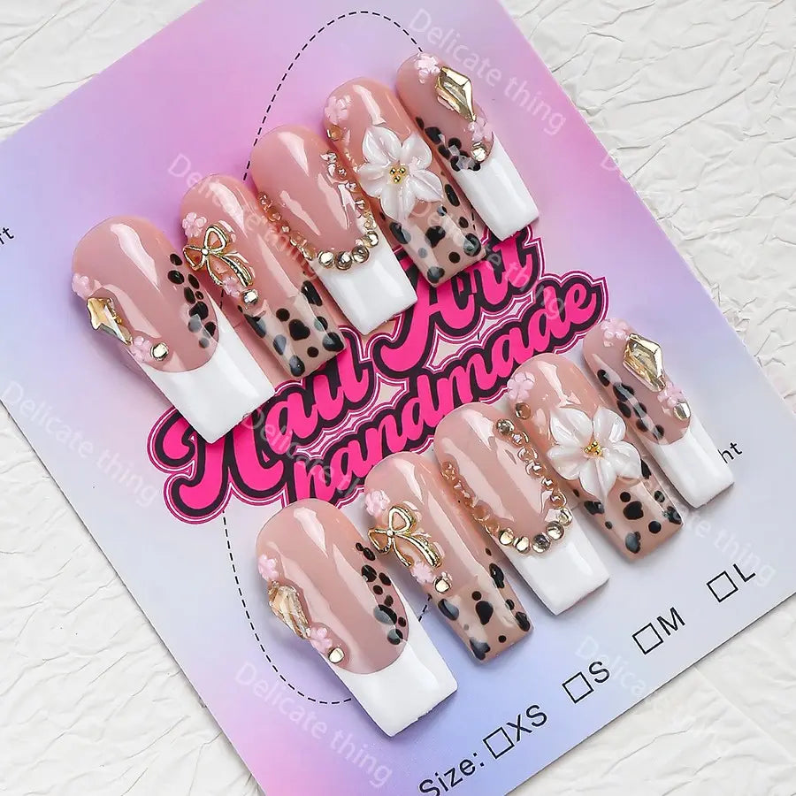 3.0-Inch Length Coffin Nails, 10pcs Y2K Style Press-On Nails, Handmade, XS-S-M-L Sizes, Perfect for Parties, Includes Jelly Glue, Crystal Stick and Nail File, Nail Art Set