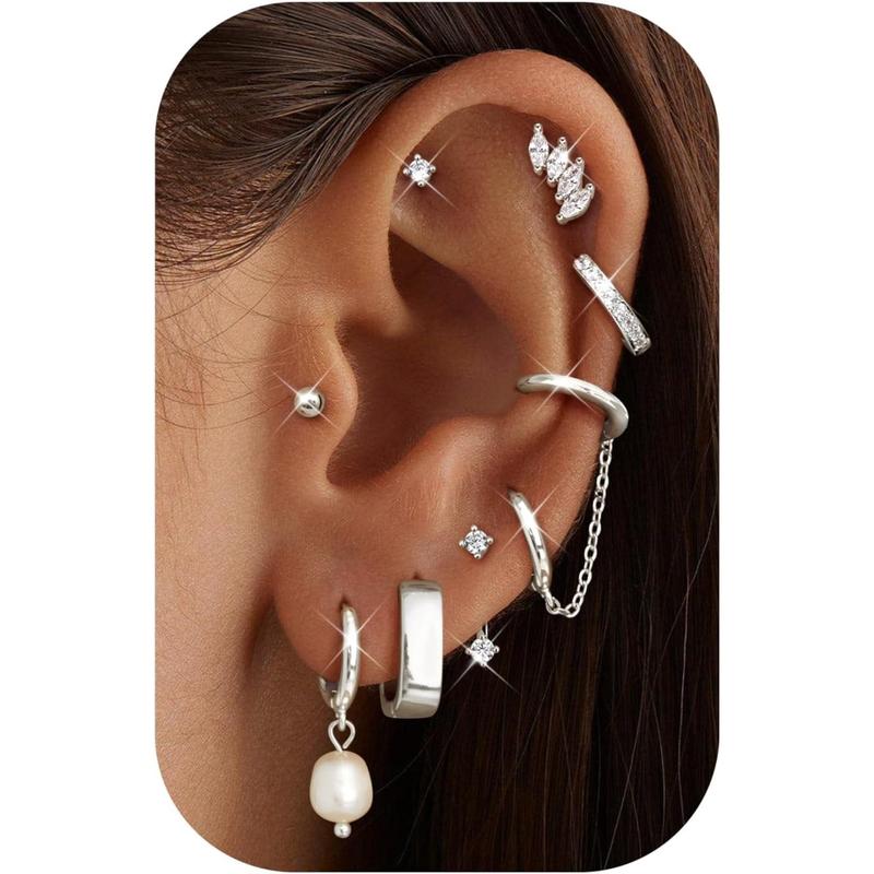 CASSIECA 8Pairs Earrings Stack Set for Women Gold Plated Hypoallergenic Chain Cartilage Pieces Silver Huggie Hoop Studs for Multiple Piercings Lightweight Jewelry For Women Sohochic