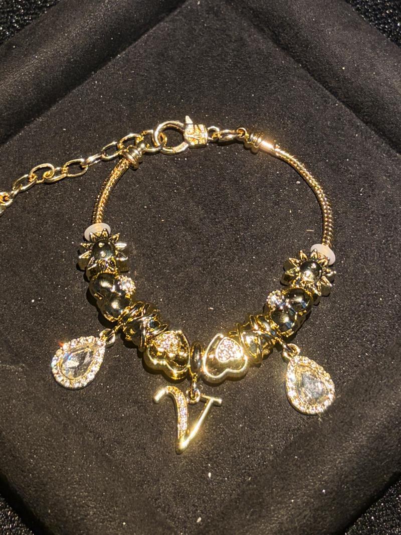 Women's Gold Tone Mixed Charm Beaded Bracelet A Z Initial Letters Available, Fashion Costume Jewelry Gift