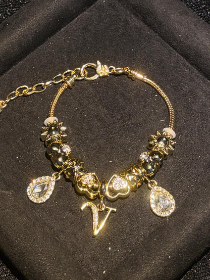 Women's Gold Tone Mixed Charm Beaded Bracelet A Z Initial Letters Available, Fashion Costume Jewelry Gift