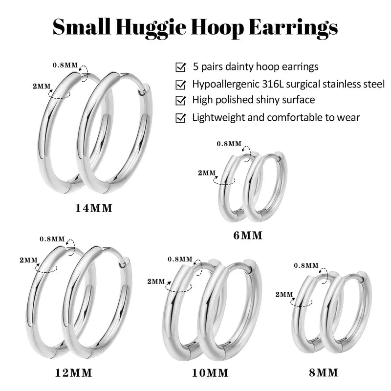 ENVYOU CZ 316L Surgical Steel Circular Huggie Hoops Earrings Set - 5 Pairs, Corrosion Resistant, Hypoallergenic, Lightweight Minimalist, Flexible Clasp Sleepers for Women (6/8/10/12/14mm, Sensitive Ears Friendly, Ear Stacking, Men's Accessories)