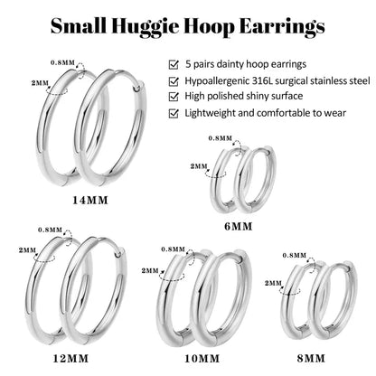 ENVYOU CZ 316L Surgical Steel Circular Huggie Hoops Earrings Set - 5 Pairs, Corrosion Resistant, Hypoallergenic, Lightweight Minimalist, Flexible Clasp Sleepers for Women (6/8/10/12/14mm, Sensitive Ears Friendly, Ear Stacking, Men's Accessories)
