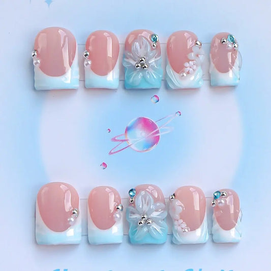 Nails by Sheccid, 10pcs Press-On Nails, French Tips Press On Nails, Handmade Press-On Nails with Jelly Glue, Crystal Sticks and Twisting Rods, Square Shape French Tip Style 3D Nail Designs, Suitable for Dates and Weddings, Gift for Girls