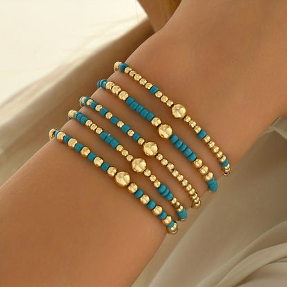 5pcs Retro Bohemian Style Versatile, Easy And Random CCB Glass Bead Elastic Layered Bracelet Set Suitable for Women'S Daily Vacation Matching