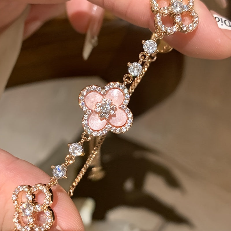 Imitation Pink Mother-of- Four-Leaf Clover Bracelet, Women's Luxurious and Exquisite Four-Leaf Clover Bangle, Friendship Jewelry, Gift for Best Friend