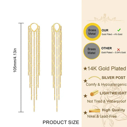 Tewiky 14K Gold Plated Long Tassel Earrings for Women,Chain Tassel Threader Earrings Trend Dangling,Trendy Hypoallergenic Bride Party Prom Jewelry and Women Gifts For Mother's Day gifts summerwins-LB