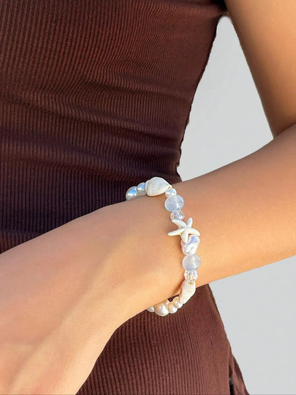 Boho Style Shell & Starfish & Faux Pearl Decorated Bracelet, Fashionable Jewelry for Women & Girls, Pretty Bracelet, Trendy All-match & Exquisite Jewelry for Birthday Gift, Trendy Jewellery Accessories, Pearl Beaded Bracelet, Aesthetic Jewelry