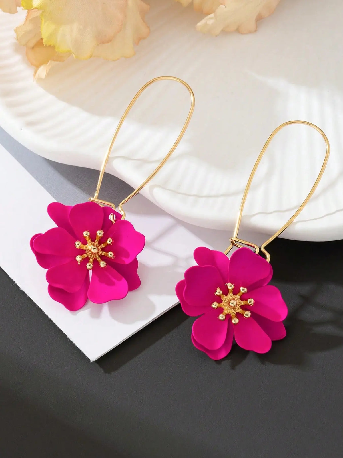 Colorful Floral Drop Earrings for Women, Chic Design in Bright Rose and, Statement Jewelry for Fashion Lovers