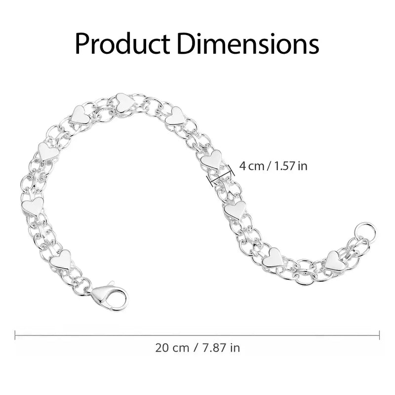 YLNWH 925 Sterling Silver Heart Link Bracelet for Women, Double-Chain Polished Charm Bracelet with Lobster Clasp, Boho Everyday Jewelry Gift