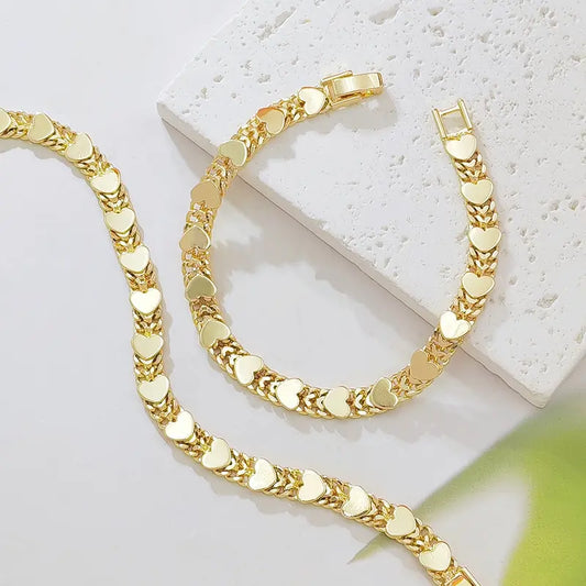 14K Gold Plated Double Row Cuban Link Bracelet for Women, Smooth Polished Heart Charm Chain Bracelet, Chunky Stackable Wrist Jewelry Gift for Birthday Valentine’s Day