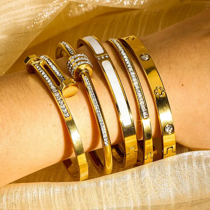 Women's 5pcs Luxury Stainless Steel Stacked Bangles Set - Fashionable Gold Cubic Zirconia Bracelets, Exquisite Trendy Bracelets, Non Tarnish Tarnish Proof Jewelry Gifts, Bracelets Bangles