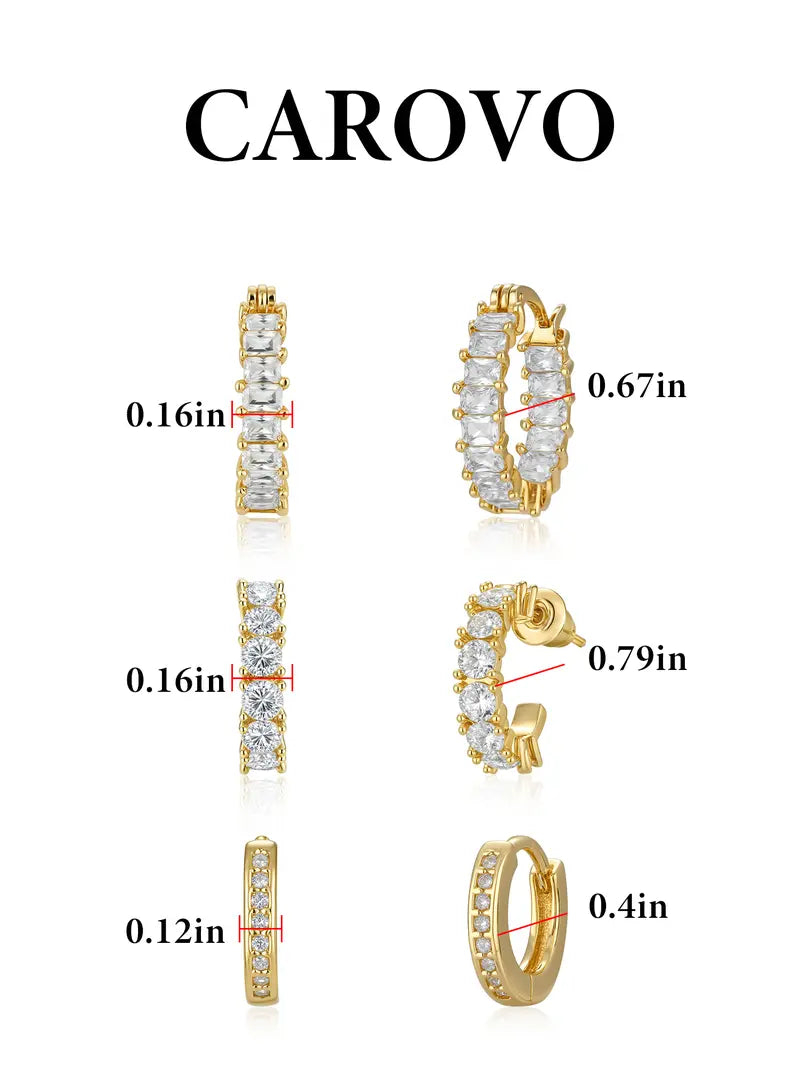 CAROVO 14K Gold-Plated Brass Huggie Hoop Earrings Set with Rhinestone Cubic Zirconia - Thick, Chunky Small Hoops, Female Daily Wear Fashion Jewelry, Gifts for Women