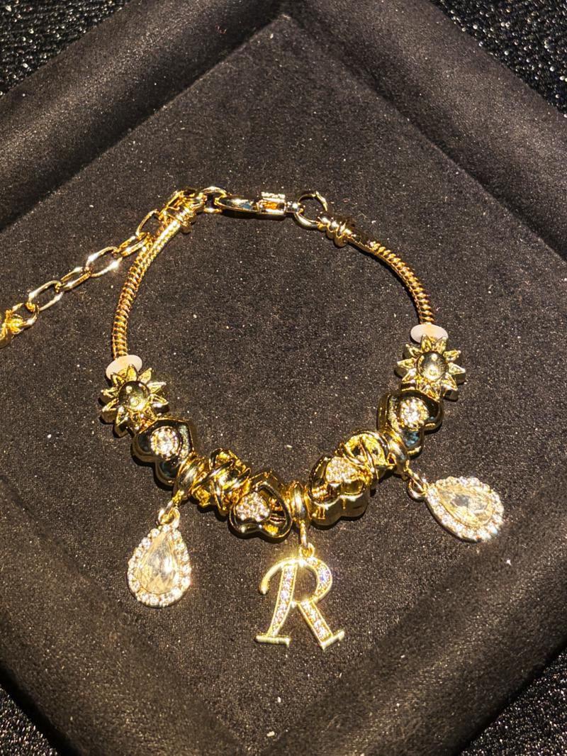Women's Gold Tone Mixed Charm Beaded Bracelet A Z Initial Letters Available, Fashion Costume Jewelry Gift
