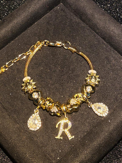 Women's Gold Tone Mixed Charm Beaded Bracelet A Z Initial Letters Available, Fashion Costume Jewelry Gift