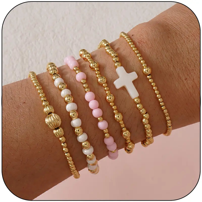 SHINUS Women's Boho 14 Karat Gold-Plated Brass Small Seed Ball Beads Stretch Bracelet Wrist Stack - 7in, Stackable, Trendy, Waterproof, Pink Link, Gold Aesthetic, Unique Costume Jewelry, Accessories for Women, Valentine's Day Gift, Jewelry For Women, Funk