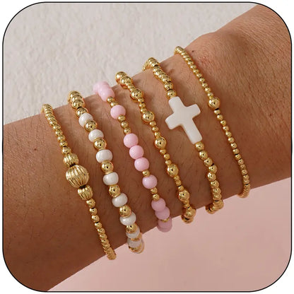 SHINUS Women's Boho 14 Karat Gold-Plated Brass Small Seed Ball Beads Stretch Bracelet Wrist Stack - 7in, Stackable, Trendy, Waterproof, Pink Link, Gold Aesthetic, Unique Costume Jewelry, Accessories for Women, Valentine's Day Gift, Jewelry For Women, Funk