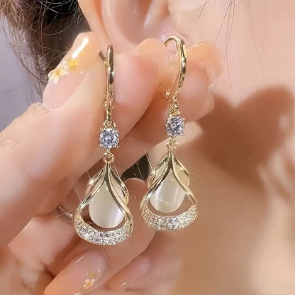 Women's Gold-Toned Cubic Zirconia Teardrop Earrings - 1 Pair Alloy Pendant Accessories for Adult Females, Bedazzled Sparkle Crystalized Glitter Styles, Pink & Transparent Stones, Layered Dangling Party Jewelry, Accessories Adults Female, Bedazzled Sparkle