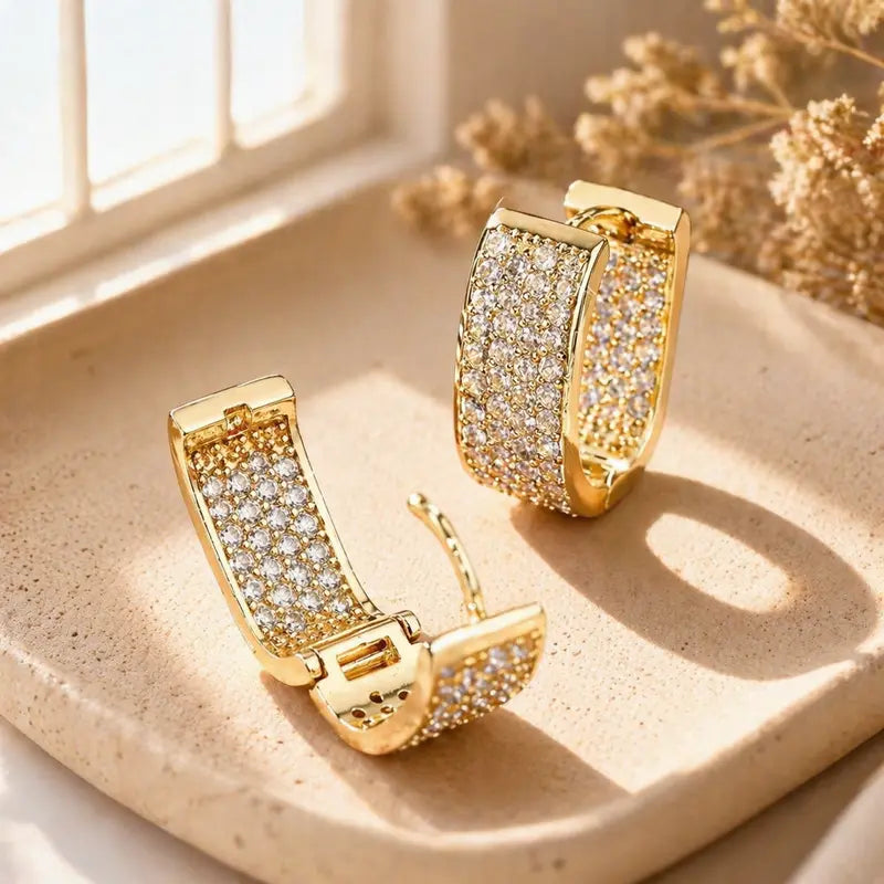 Women's 3-Pair Gold Cubic Zirconia Earrings Set - Lightweight Dainty Minimalist Huggie Plug Studs, Goldtone Shine Geometric Shape Costume Jewelry, Bling Everyday Pieces, Mother's Day Gift, Earrings for Women, For Females