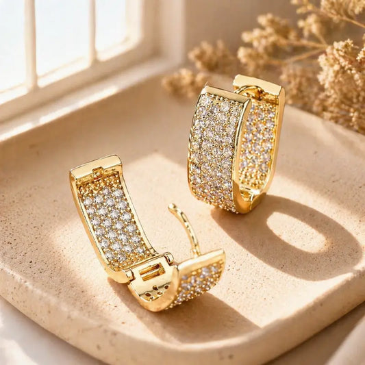 Women's 3-Pair Gold Cubic Zirconia Earrings Set - Lightweight Dainty Minimalist Huggie Plug Studs, Goldtone Shine Geometric Shape Costume Jewelry, Bling Everyday Pieces, Mother's Day Gift, Earrings for Women, For Females