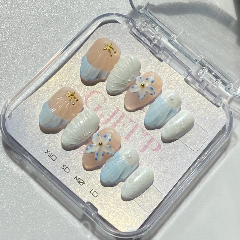 10Pcs Handmade Press On Nails Reusable Medium Handmade Acrylic Press Nails New Summer Collection, Cute Elegant Luxury Cat Eye Design, Ocean Inspired, High Quality Soft Sophisticated Look for Women Nail Art