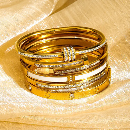 Women's 5pcs Luxury Stainless Steel Stacked Bangles Set - Fashionable Gold Cubic Zirconia Bracelets, Exquisite Trendy Bracelets, Non Tarnish Tarnish Proof Jewelry Gifts, Bracelets Bangles