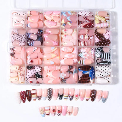 624pcs Almond Press-On Nails Set, French Style, Polka Dot, Striped, Ladybug Design, Acrylic, Summer Nail Art, 24 Mixed Styles, Fake Nails