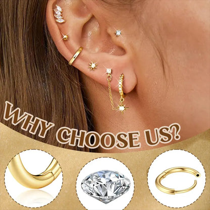 CASSIECA 8Pairs Earrings Stack Set for Women Gold Plated Hypoallergenic Chain Cartilage Pieces Silver Huggie Hoop Studs for Multiple Piercings Lightweight Jewelry For Women Sohochic
