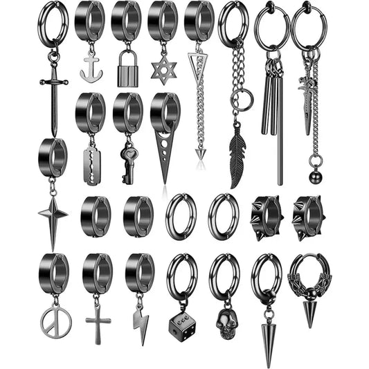 CASSIECA 25pcs Punk Style Fake Piercing Clip On Earrings Set Stainless Steel Cross Chain Dangle Black Huggie Hoops Jewelry for Women, Daily & Halloween Accessories Sohochic