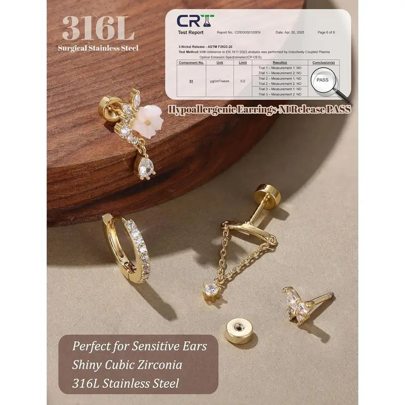 Trendy 12 pairs Hypoallergenic Cartilage Earrings for Women,Flat Back Earring Stacks,Stainless Surgical Steel,Sensitive Ears,Flatback Stud,Hoop,Earring Set,Tragus Conch Daith Helix Piercing Jewelry