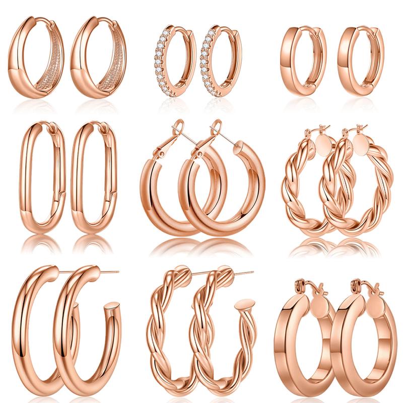 Turandoss 9 Pairs Gold Hoop Earrings for Women, Hypoallergenic Thick Lightweight Earring, 925 Sterling Silver Post 14K Real Gold Plated Chunky Hoop Earrings Set for Women for Jewelry Gifts