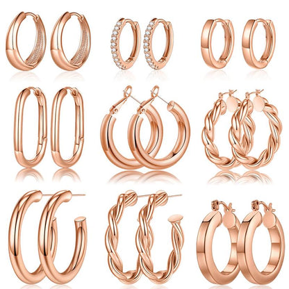 Turandoss 9 Pairs Gold Hoop Earrings for Women, Hypoallergenic Thick Lightweight Earring, 925 Sterling Silver Post 14K Real Gold Plated Chunky Hoop Earrings Set for Women for Jewelry Gifts