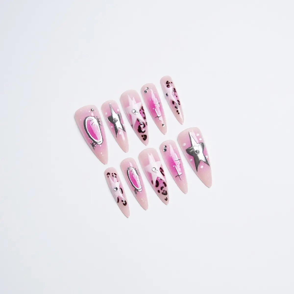 24 Pcs Y2K Gradient Stiletto Press on Nails, Star & Leopard Print, Silver Color Rhinestone Charms, False Nails for Party, Removable False Nails